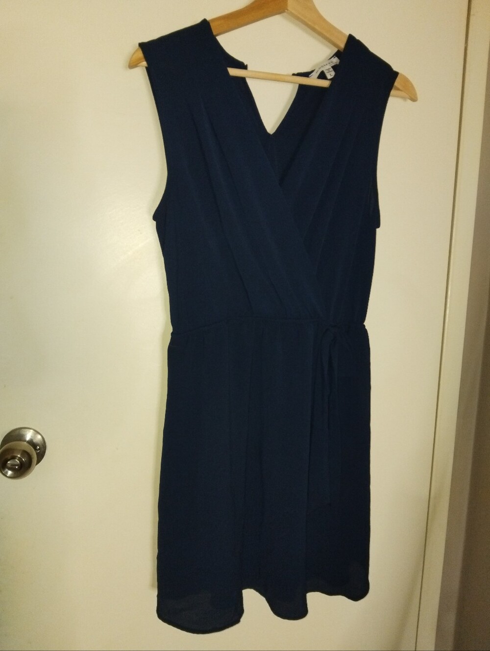 Navy Blue Lined Dress V Neck Foa Tie Under Bust Knee Lenth Dress Size L